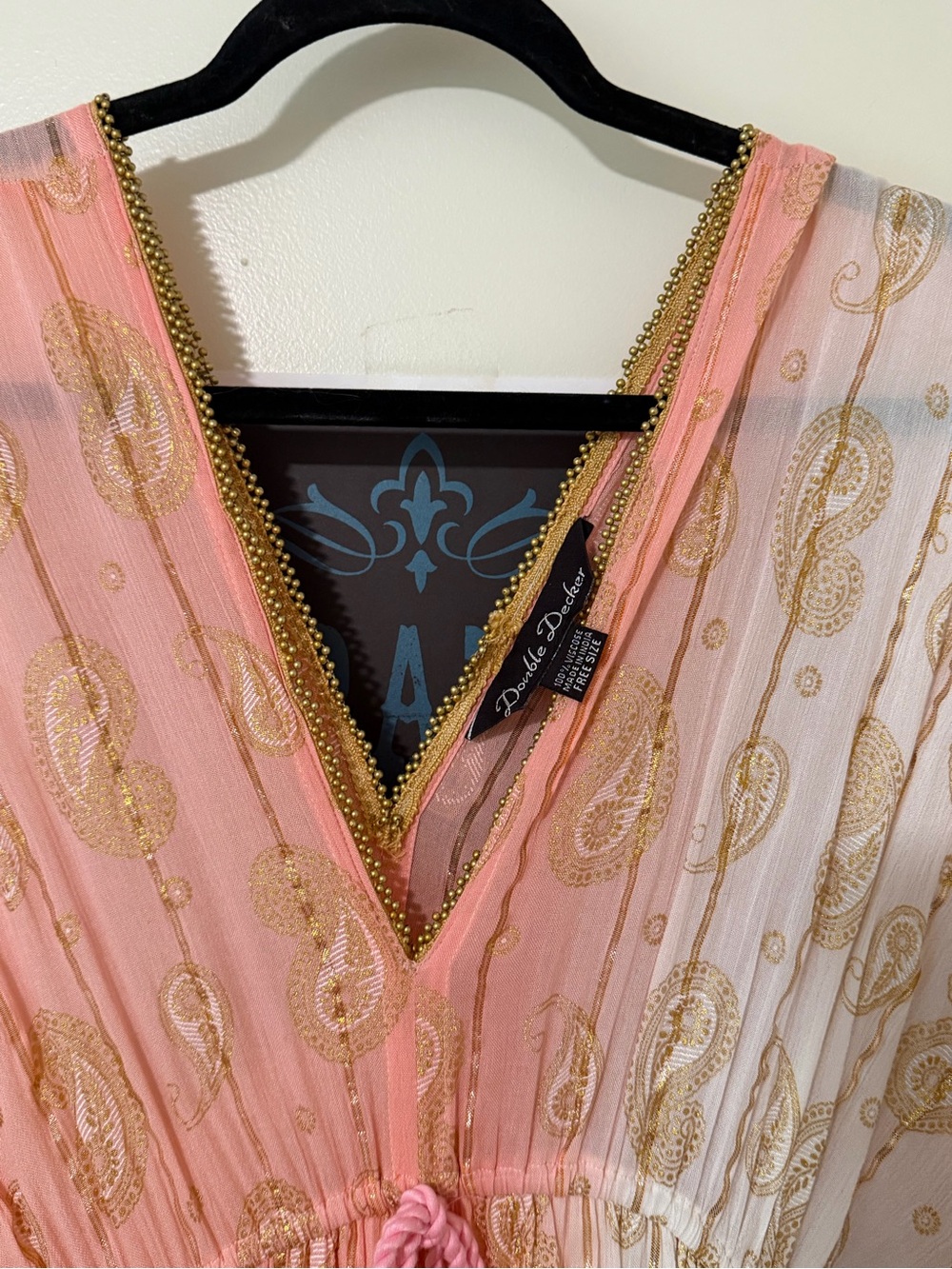 Two-Tone Pink and Cream Maxi Cover Up with Gold Paisley Accents - Picture 2 of 5